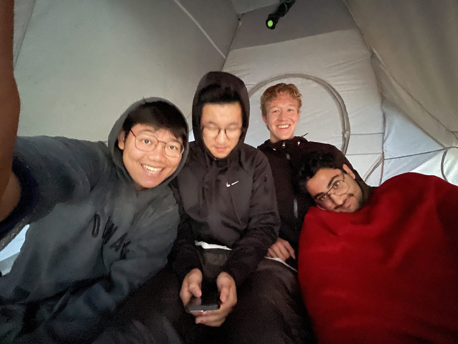 Four in a tent, lights out soon